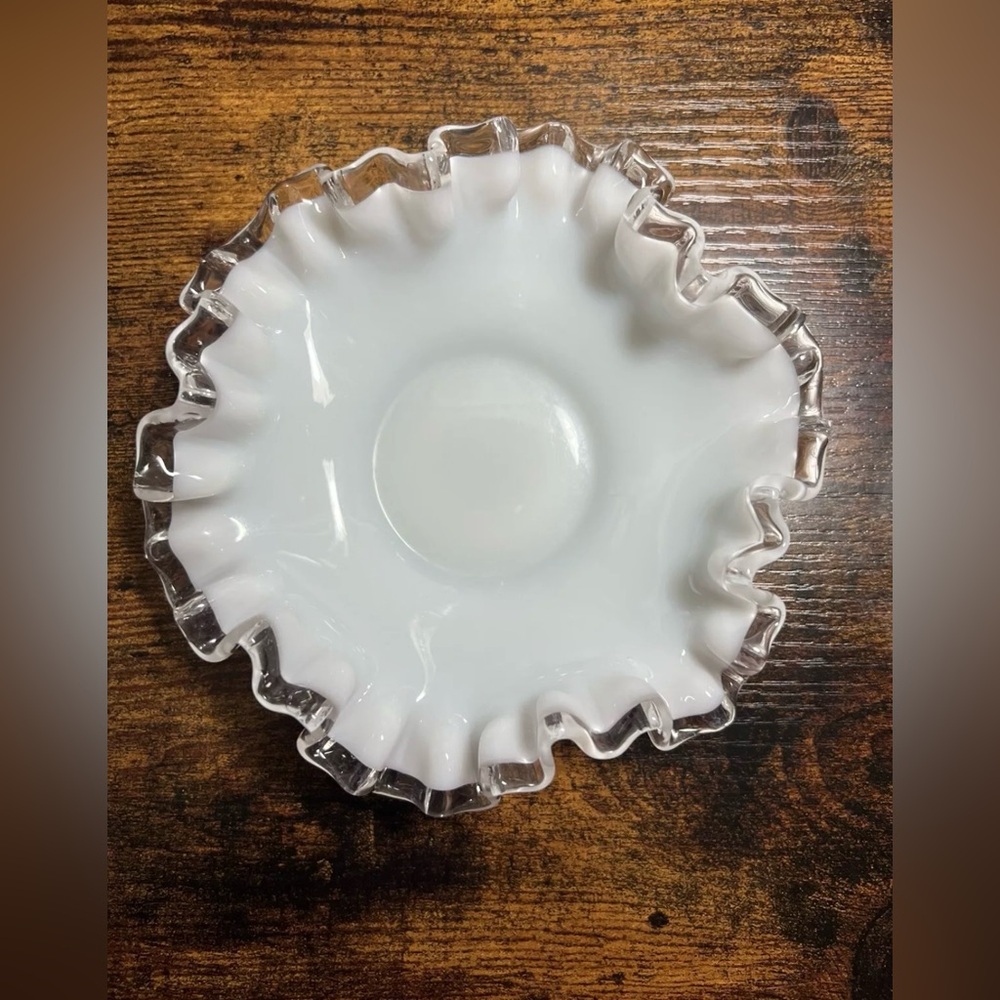 Vintage Fenton Silver Crest White Milk Glass Ruffled Edge Candy Dish